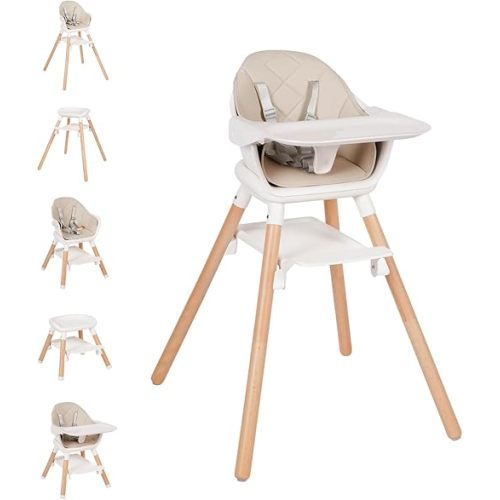 High Chair, 6 in 1 Wooden Convertible High Chairs for Babies and Toddlers, Booster Seat with Double Tray & Reversible Footrest Baby Highchair, 5-Point Harness Baby Feeding Chair, Beige