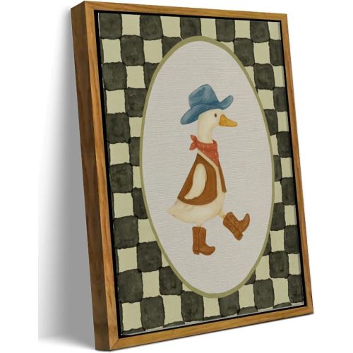 Framed Cowboy Duck Wall Art Print, Western Boho Kids Room Canvas Wall Decor, Cute Checkered Duck Painting Picture, Rustic Nursery Poster for Baby Bedroom Playroom Decoration, 8x10in