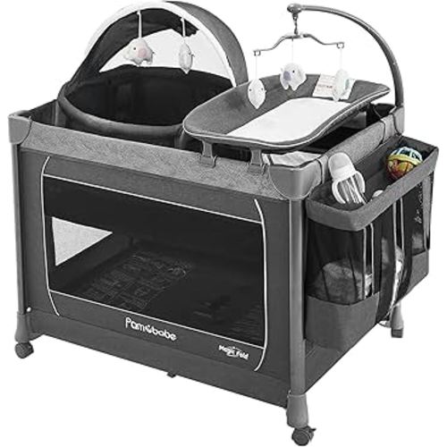 Pamo Babe 1-Second Setup 5-in-1 Playard for Babies - Heavy-Duty Steel Frame for Safe Sleep Space, Portable Crib with Zip Door & Changing Table, Locking Wheels, Breathable Mesh