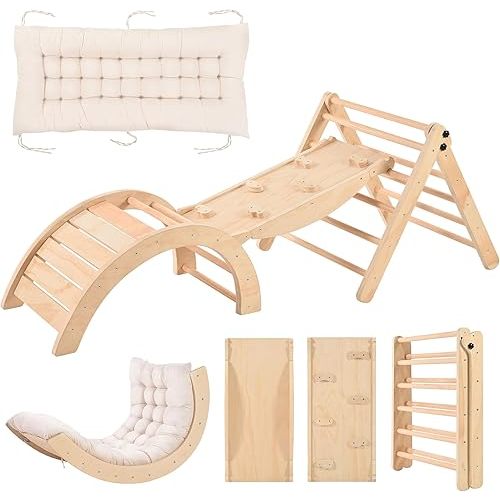 OLLIKIVI Pikler Triangle Set with Cushion, Indoor Climbing Toy Set for Toddlers, Montessori Foldable Indoor Playground, Wodden Jungle Gym with Ramp and Arch Climber for 1-6 Years Old Kids