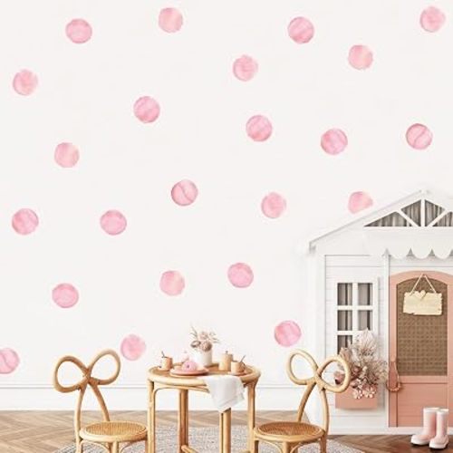 Watercolor Polka Dots Wall Decals Rainbow Colorful Removable Round Stickers for Kids Baby Girls Playroom Nursery Room (Pink)
