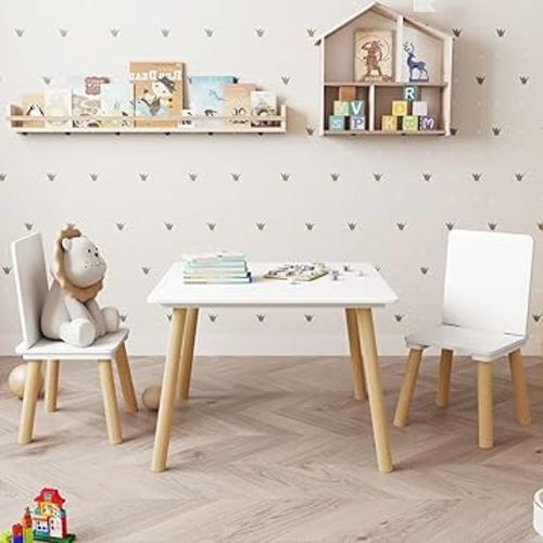 Kids Table and 2 Chairs Set, 3 Pieces Toddler Table and Chair Set, Kids' Table & Chair Sets, Kid Play Table for Daycare, Classroom, Home (White)