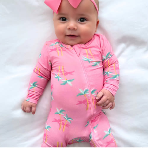 Miami Palm Tree Pink Baby Bamboo Pajamas - Zippered Romper | Basically Soho