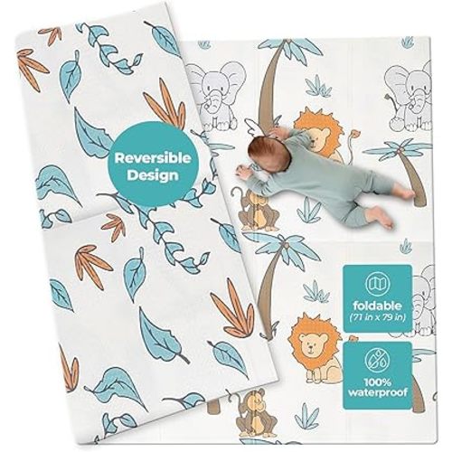 Extra-Large Baby Play Mat, Waterproof Foam, Non-Toxic & Foldable, for Tummy Time, Crawling & Toddler Play, Indoor & Outdoor Use, 79"x71", Safari Design