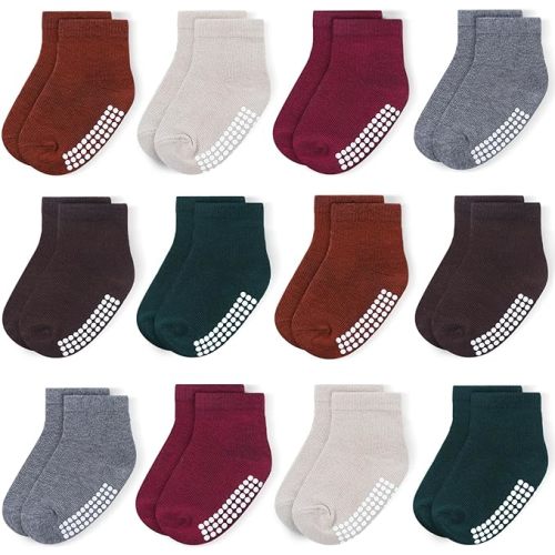 JAKIDAR 12 Pair Baby Toddler Socks Non-Slip Grip Cotton Ankle Socks for Boys Girls Non Skid Soles for Infants Kids