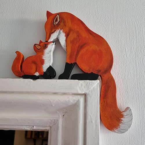 Mama and Baby Fox Door Topper Adorable Fox Shape Statue Door Corner Sculpture for Handcrafted Wood Decor Sign, Creative Wooden Art Figurine Ornament for Garden (FIRE Fox (Mama+Baby))