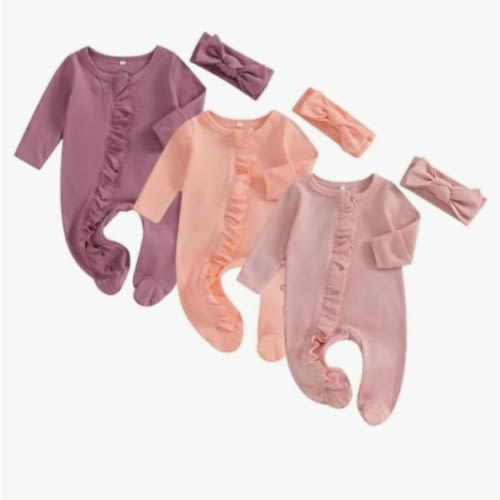 Merqwadd Baby Girl Zipper Pajama Footies 3 Pack Ruffle Sleeper Coming Home Infant Cotton Clothes