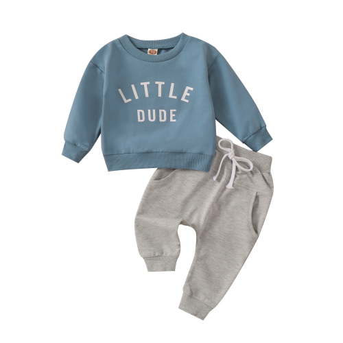 Caqnni Baby Boy Fall Clothes Letter Print Crewneck Sweatshirt Top Elastic Pants Set Toddler Winter Outfits (0-6 Months,Z01-Blue)