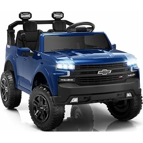 First Ride On 24V 2 Seater Ride on Toys Licensed Chevrolet Silverado, Electric Vehicle with Remote Control and Seat Belts, Electric Ride on Truck with Trunk, Bluetooth and LED Lights (Blue)
