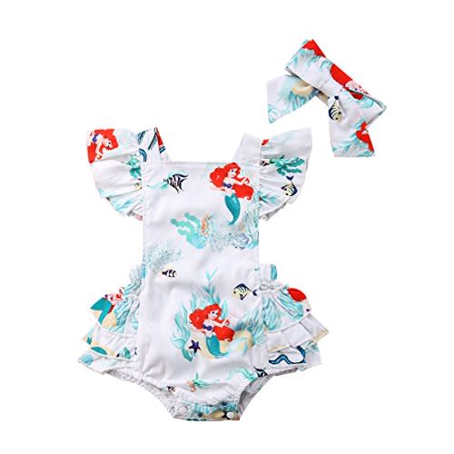Cute Newborn Baby Girl Mermaid Romper with Headband Set Ruffled Sleeve Backless Cake Smash Romper Outfit