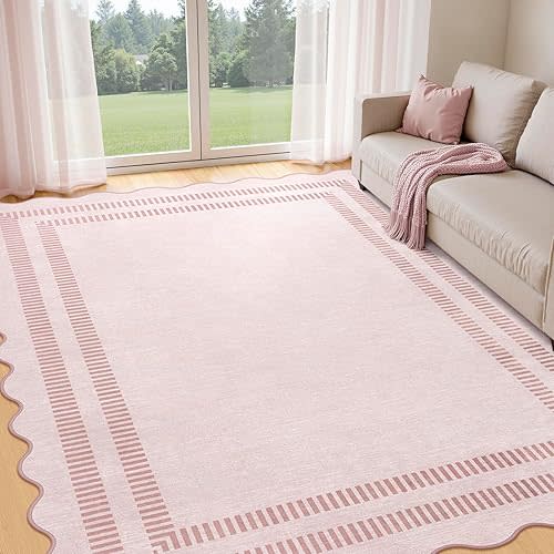 LORWER Pink Rugs for Living Room 8x10, Soild Machine Washable Area Rugs for Bedroom Girls, Non Slip Ultra-Thin Low-Pile Carpet for Playroom Nursery Kids Room