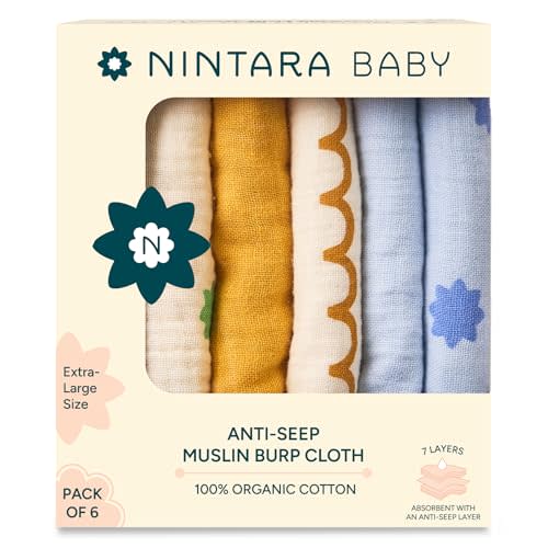 NINTARABABY Anti-seep Burp Cloths - 100% Organic Muslin Cotton, 7-Layer Absorbent & Waterproof, Extra-Large (22" x 12”), Soft & Hypoallergenic, Multipurpose Baby Essentials for Newborns, Pack of 6