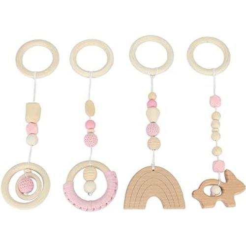 Hztyyier 4 Pcs Wooden Hanging Toys, Stroller Pendant Toys Baby Play Gym Wooden Hanging Toys for Toddlers Infants ()