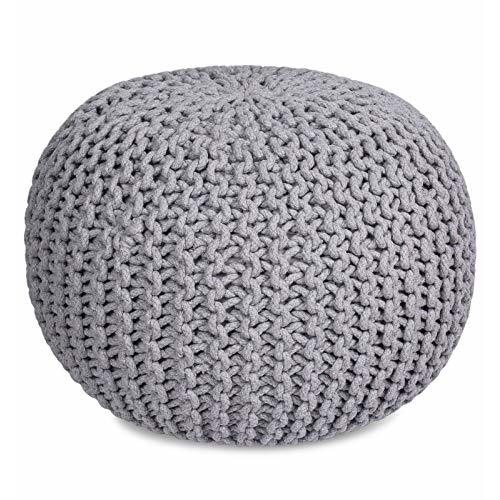 BIRDROCK HOME Round Pouf Foot Stool Ottoman - Knit Bean Bag Floor Chair - Cotton Braided Cord - Great for The Living Room, Bedroom and Kids Room - Small Furniture (Light Grey)