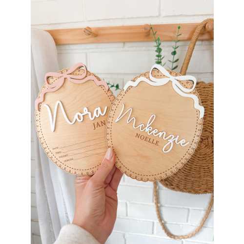 Bow Baby Name Sign, Wood Name Round, Newborn Photo, Personalized Baby Announcement, Baby Shower Gift, Birth Announcement