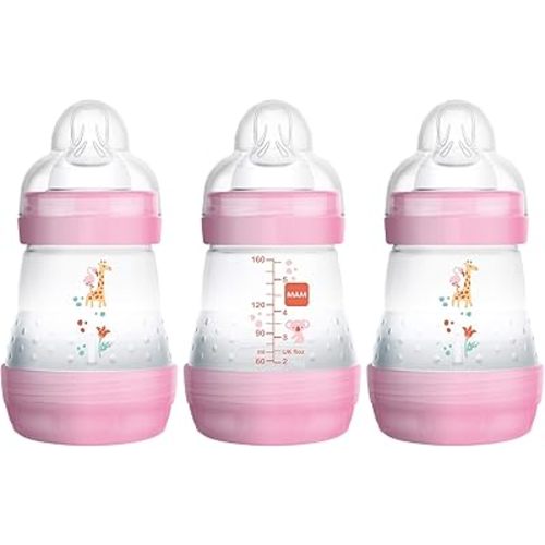MAM Easy Start Anti-Colic Bottle 5 oz (3-Count), Baby Essentials, Slow Flow Bottles with Silicone Nipple, Baby Bottles for Baby Girl, Pink