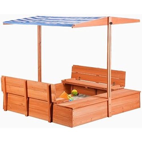 Kids Wooden Outdoor Sandbox with Cover,Sand Boxes with Canopy and Foldable Storage Bench Seats, Sand Table with Protection Bottom Liner,Kids Play Equipment for Outdoor(47X47Inch
