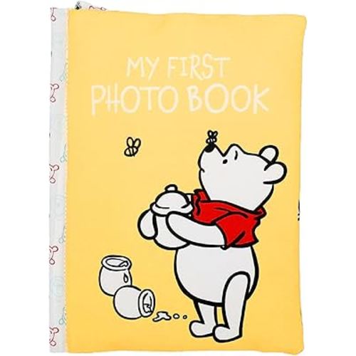 Disney Winnie The Pooh Photo Album with Soft Pages and Crinkle Sounds for Babies and Toddlers – Holds 4x6 Photos and On The Go Strap for Stroller, Car Seat or Crib for Baby