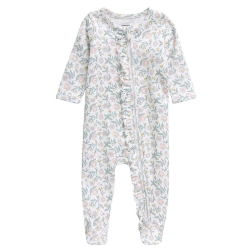 Floral Ruffle Zip-Up Cotton Footie, 3M