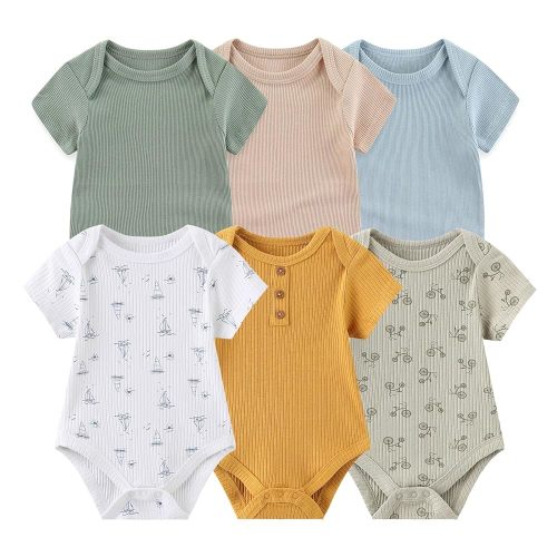 Baby Bodysuit 6 Pack Soft Mixed Ribbed Short Sleeve Romper Infant Boy Girl Clothes Set