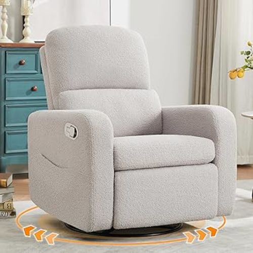Swivel Rocker Recliner, Oversized Teddy Manual Nursery Glider Rocking Recliner with Removable Cushion, Upholstered Boucle Swivel Reclining Chair for Nursery Living Room Bedroom, Teddy Gray