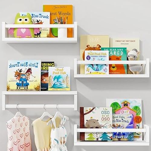 Fixwal Nursery Book Shelves, 16.5 Inch Floating Bookshelves for Nursery Decor & Playroom Decor, Set of 4, Solid Wood Wall Mounted Shelves for Books, Toys and Decor Storage (White)