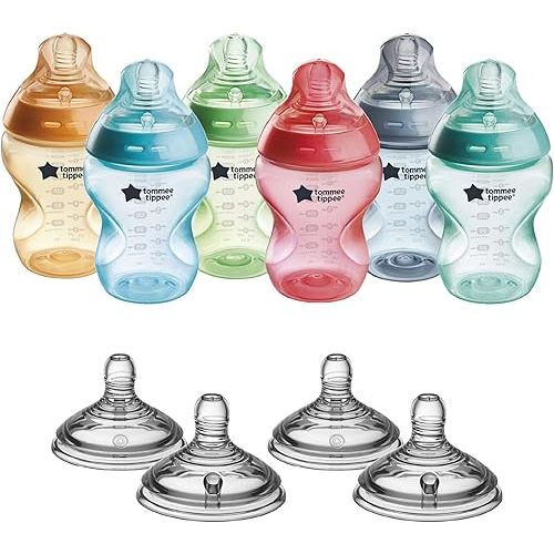 Tommee Tippee Natural Start Bottle and Nipple Bundle, 6 Fiesta Color, Anti-Colic 9 oz BPA Free Baby Bottles, 0+ Months, Slow Flow Breast-Like Nipple, Baby Bottle Nipples, Extra Slow Flow, 10 Pieces
