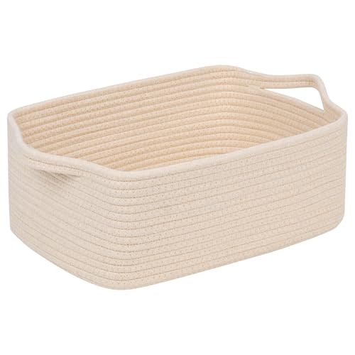 CubesLand Cute and Durable Small Cotton Rope Basket for Organizing, Woven Closet Storage Bin,Shelves Closet Storage Basket, Bathroom Storage Organizer Bin, Nursery Toy Basket Bin, Beige Basket