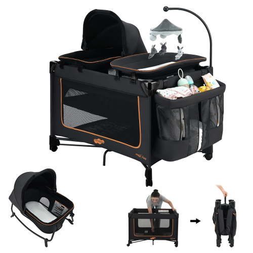 Pamo Babe Baby Playard, Magic Fold Bassinet and Changing Table, 4 Panels, Black