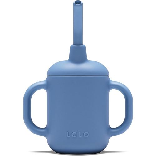 Lalo Little Cup, Non-Toxic Silicone Straw Cup with Handles - Baby and Toddler Sippy Cup - Mini Cup and Straw Training System, 4oz, Blueberry