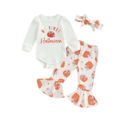 Baby Girl 3Pcs Set Halloween Outfits Long Sleeve Romper Pants and Headband Set Cute Holiday Clothes
