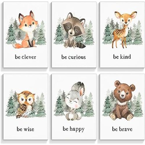 gooptyinh Woodland Nursery Animal Canvas Wall Art, 6 Piece Inspirational Forest Animals Print Posters, Motivational Quotes Cute Bear Fox Rabbit Deer Raccoon Owl Decor for Baby Bedroom 8x10in Unframed