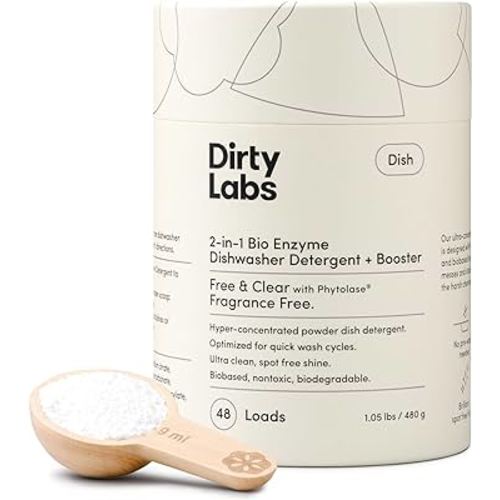 Dirty Labs | Dishwasher Detergent and Booster | Scent Free | 48 Loads (1 lb) | Ultra Clean, Spot Free, Quick Wash Optimized | Hyper Concentrated