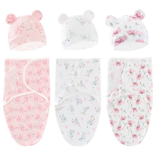 Baby Swaddle Sleep Sack with Hat, Soft Cotton Newborn Wearable Swaddle Wrap, for 0-3 months Girls Boys, 3-Pack