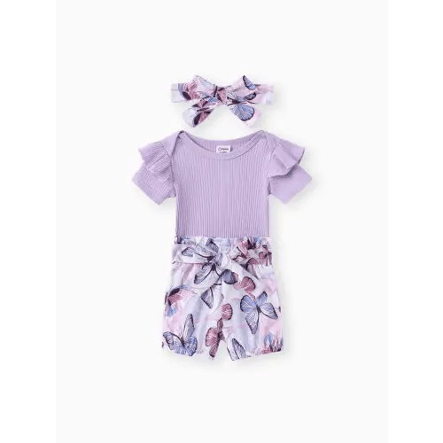 3pcs Baby Girl Ribbed Romper & Belted Shorts & Headband Set Only $13.99 PatPat US Mobile