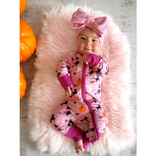 2-Way Convertible Zip Romper, Broomstick Friends Pink (0-3M)