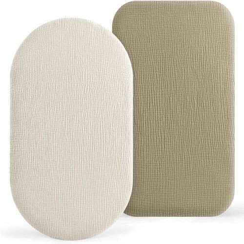 Bearmoss Bassinet Sheets - 2 Pack Muslin Cotton Bassinet Sheets Fits Oval and Rectangle Bassinet Mattress, Breathable and Skin-Friendly for Baby Boy and Girl (Cream&Olive Green)