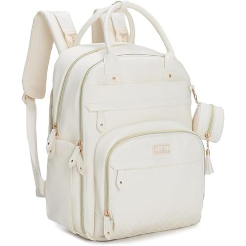 BabbleRoo Leather Diaper Bag Backpack - Baby Essentials Travel Baby Bag, Multi function, Waterproof, with Changing Pad, Stroller Straps & Pacifier Case – Unisex, Eggshell White