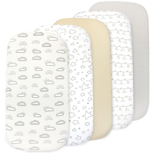 Baby Bassinet Sheet Set for Boy and Girl, 5 Pack Organic Universal Fitted for Oval, Hourglass & Rectangle Bassinet Mattress, Fitted Sheets Size 32 x 16 x 4 Inches, Gray