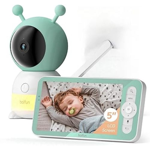 BOIFUN 2K WiFi Baby Monitor with Colorful Night Light, Smart AI Motion & Sound & Humidity & Temperature Detection, Auto Tracking Via Smartphone App and Monitor Control, Night Vision,5-Inch 2K Monitor