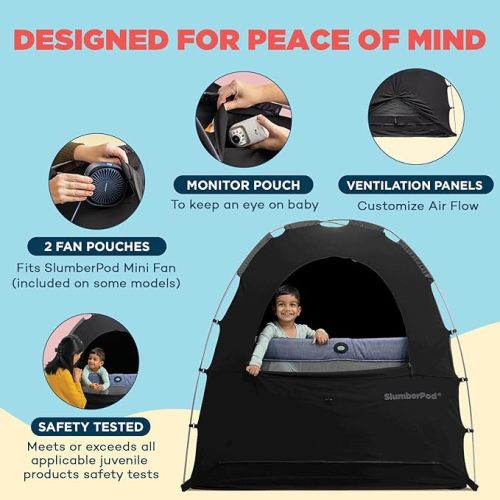 SlumberPod The Original Blackout Sleep Tent Travel Essential for Babies and Toddlers, Mini Crib and Pack N Play Cover, Sleep Pod for Kids with Monitor Pouch and Fan Pouch, Blocks 95%+ Light, Black - Black/Grey 3.0 - Standard (No Fan)