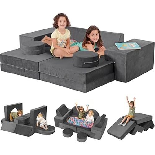 Modular Kids Play Couch, Kidirect K12 320+DIY Convertible Foam Couch for Boys & Girls, Versatile Foam Fort Building Set, Child Sectional Kids Sofa for Playroom Bedroom (Grey)