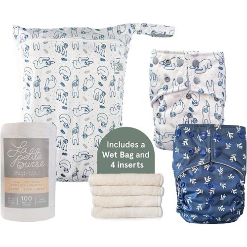 LA PETITE OURSE 2 One Size Snap Diapers with 4 Bamboo Inserts - Cloth Diapers for Babies - 100 Sheets (Diaper Liner Roll) + 1 Wet Dry Bag - for Babies Weighing 10–35 Pounds - Laziness