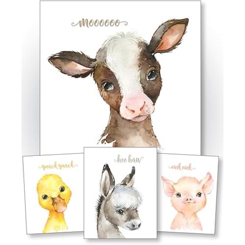 Confetti Fox Baby Farm Animals Nursery Decor Wall Art, Cow Pig Donkey Duck, Toddler Kids Room Barnyard Watercolor Paintings Posters (8x10 Unframed Set of 4 Prints)