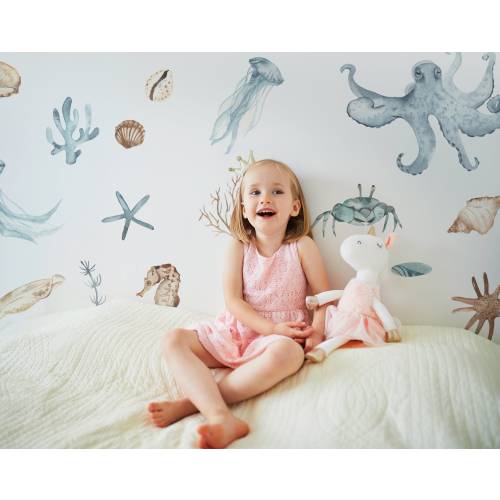 Sea World Wall Decal, Watercolor Decal Set Kids Room, Nursery Ocean Wall Decal, Peel and stick, Ocean Quilt Wall Decal