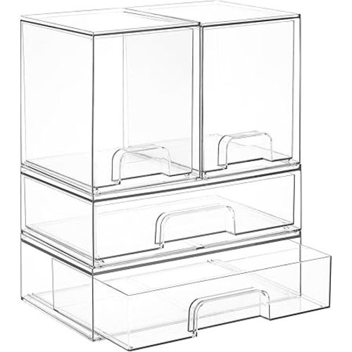 Vtopmart Clear Stackable Storage Drawers Set of 4, Plastic Organizer Bins for Makeup, Cosmetics, Beauty Supplies,Ideal for Vanity, Bathroom,Cabinet,Pantry Organization