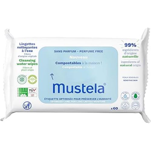 Mustela Baby Home Compostable Cleansing Wipes - For Face, Body & Diaper Area - 99% ingredients of natural origin & plant-based fibers - For all skin types - Fragrance Free Version & Various Sizes