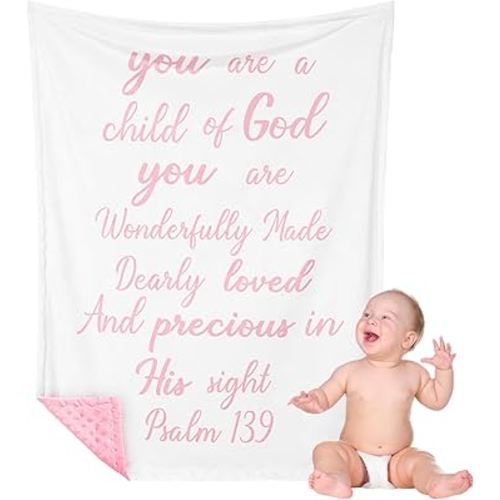 Rtteri Christian Gift for Baby Plush Baby Blanket with Dotted Backing First Communion Gift Baptism Blanket Scripture Swaddle Bible Verse for Newborn Boy Girl Christening Godchild Gift(Pink and White)