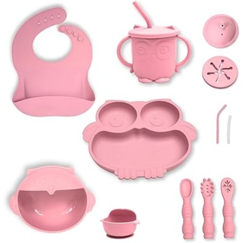Silicone Baby Feeding Set, Owl Utensils, Silicone Bib, Feeding Bowl & Plate, Soft-Tip Spoon, Fork & Toddler Sippy Cup with lids