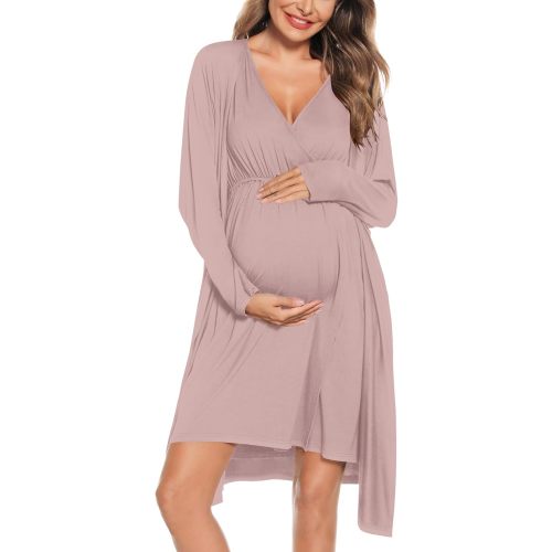 SWOMOG Womens Maternity Nursing Gown and Robe Set 3 in 1 Labor Delivery Nuring Nightgowns for Breastfeeding Robes L-taro Purple S